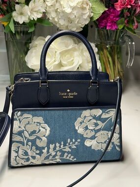 Kate Spade Madison Navy Blue Denim Floral Vase Embroidered Tote Crossbody Bag